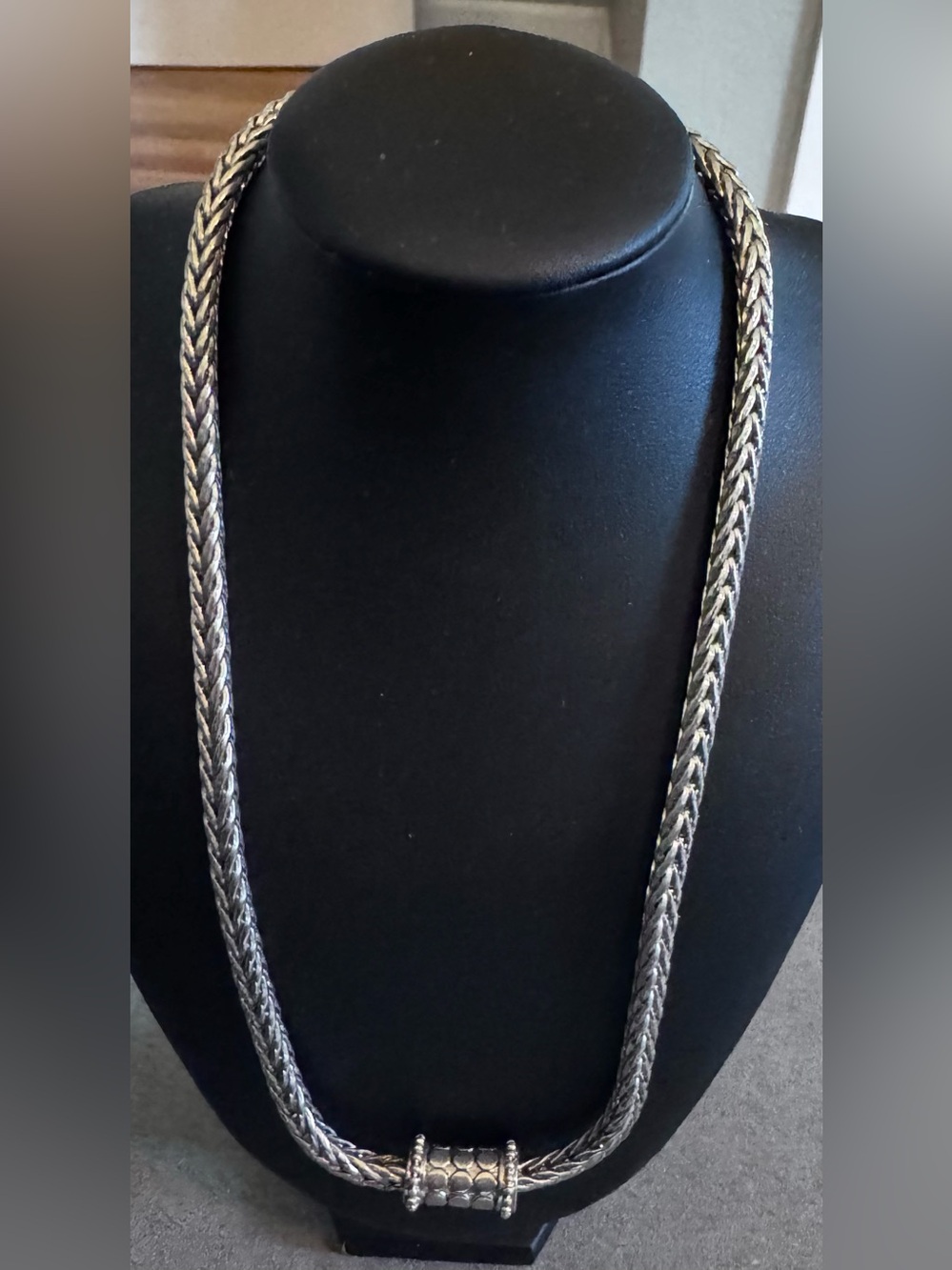 Woven Rope Chain Necklace in Silver Tone with Decorative Barrel Accent